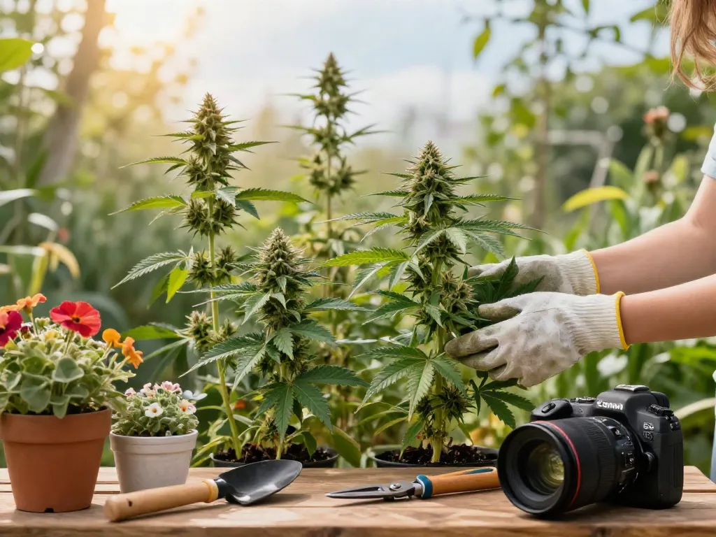 Growing automatic cannabis seeds in a vibrant outdoor garden with blooming plants and gardening tools.