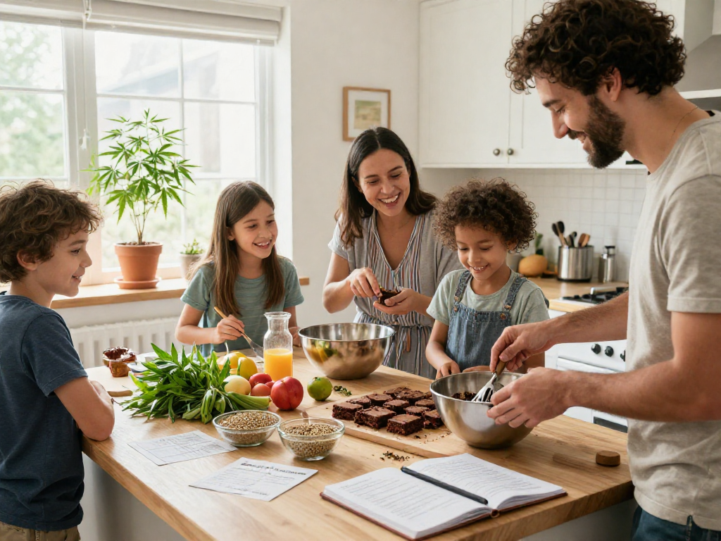 THC edibles preparation in a bright kitchen with organic ingredients, promoting wellness and quality.