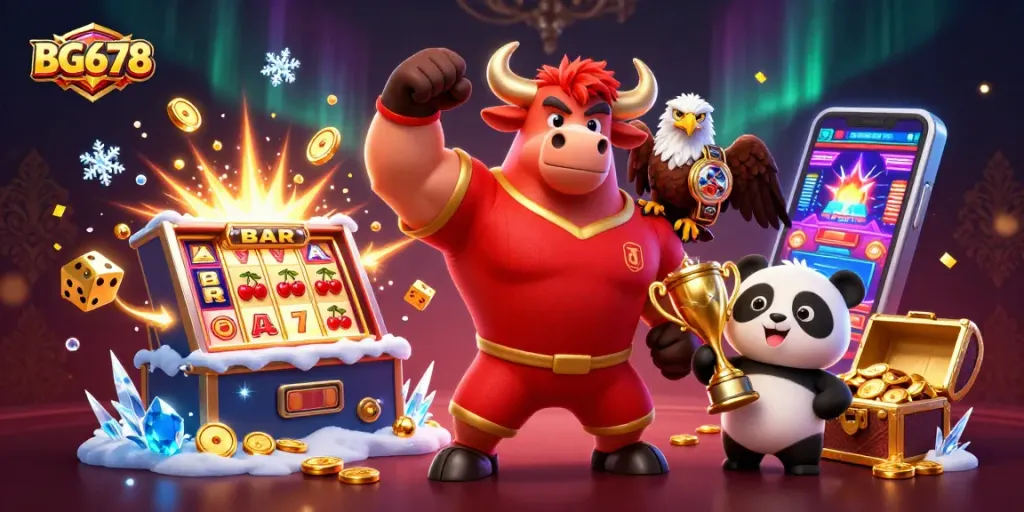 Engage with BG678 as the victorious bull mascot celebrates alongside an eagle and panda in a bustling casino scene.