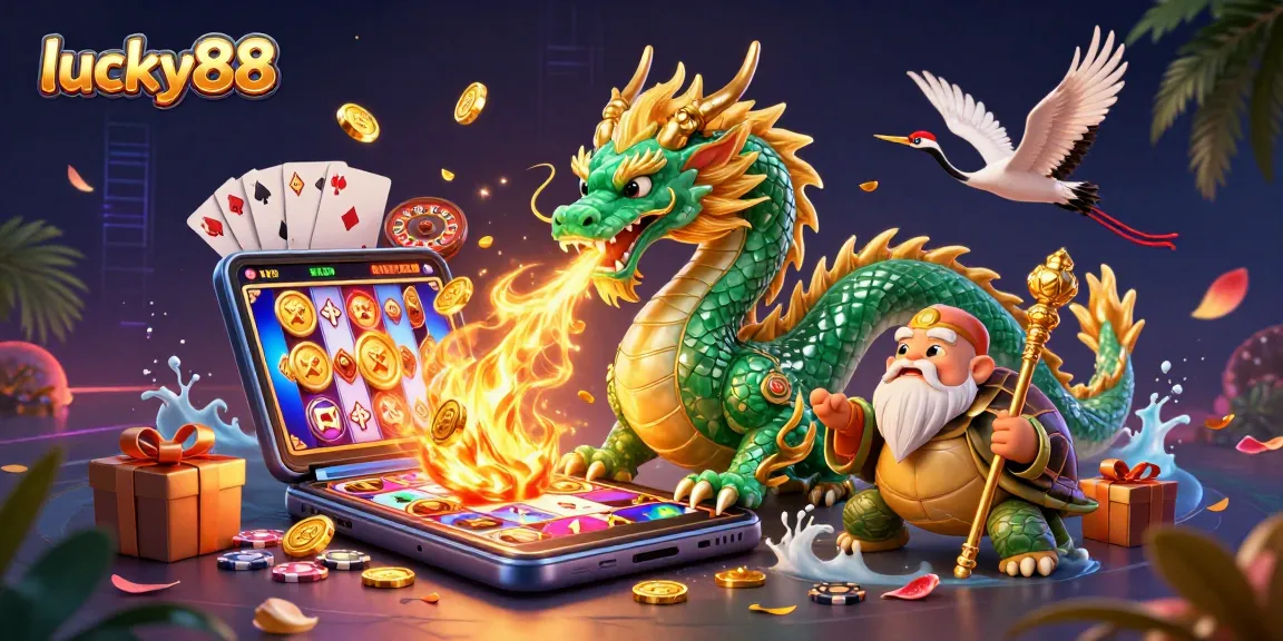 Experience thrill with lucky88 in this vivid illustration featuring a jade dragon and gaming elements.