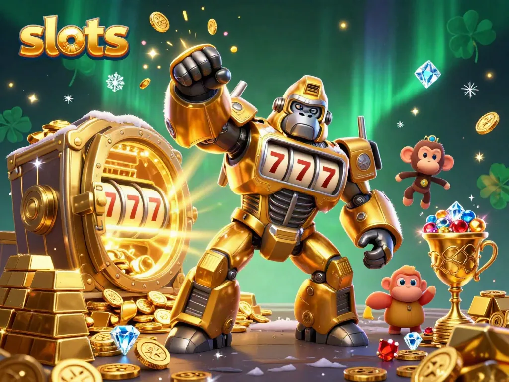 Engage in slots with a vibrant illustration showcasing a gorilla mech and treasure.
