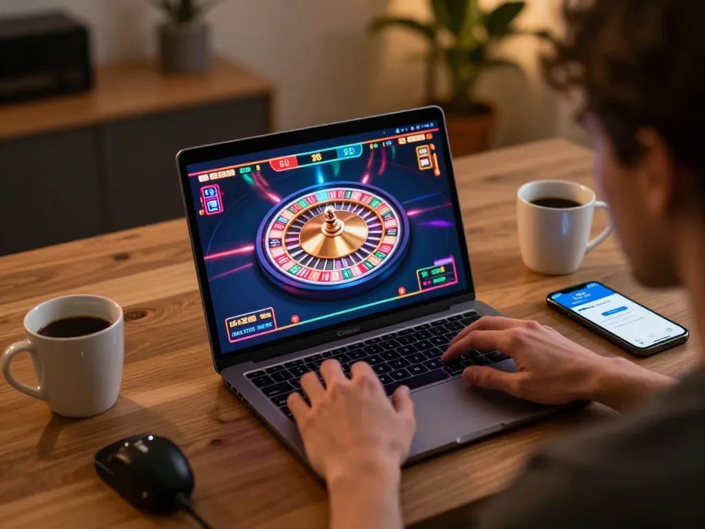 Player enjoying fly88 online casino gaming session with vibrant roulette interface on laptop