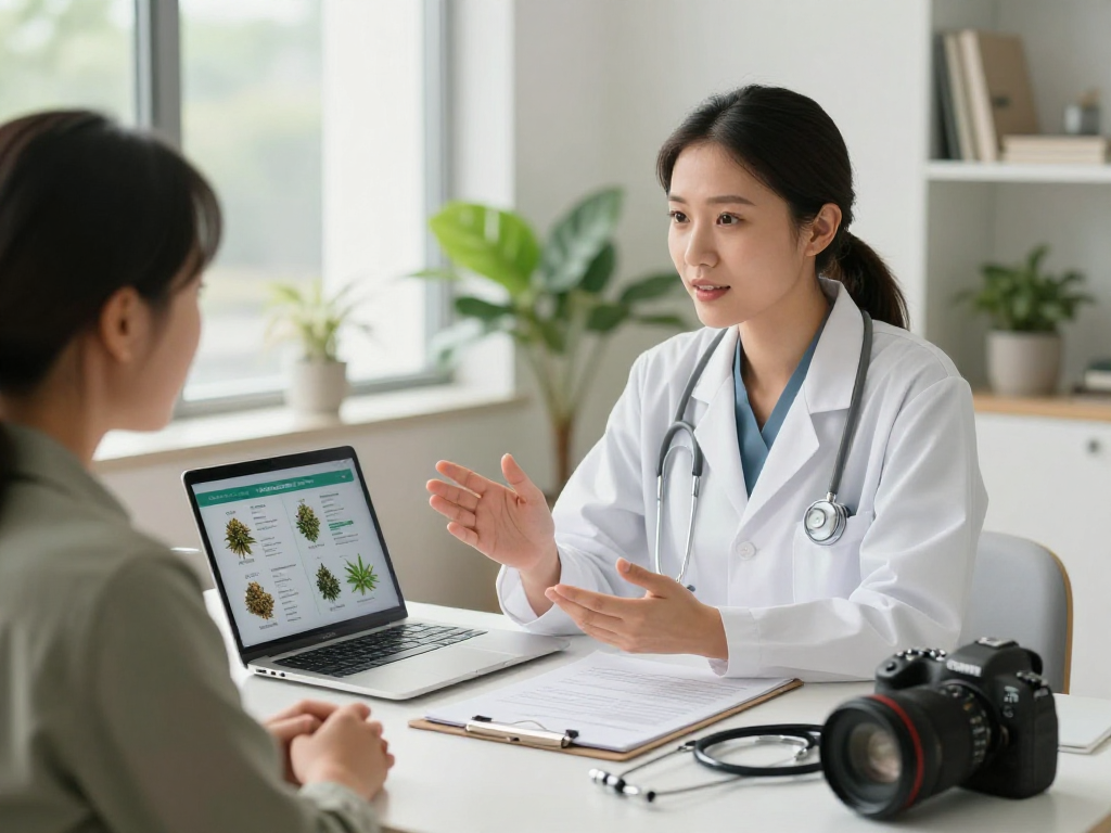 Doctor discussing medical marijuana card options during a telehealth consultation, creating a supportive and hopeful atmosphere.