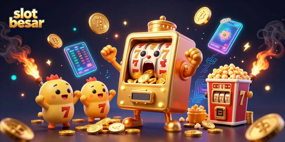 Slot besar showcases a 3D golden slot machine hitting a jackpot, surrounded by cheering mini slots and coins.