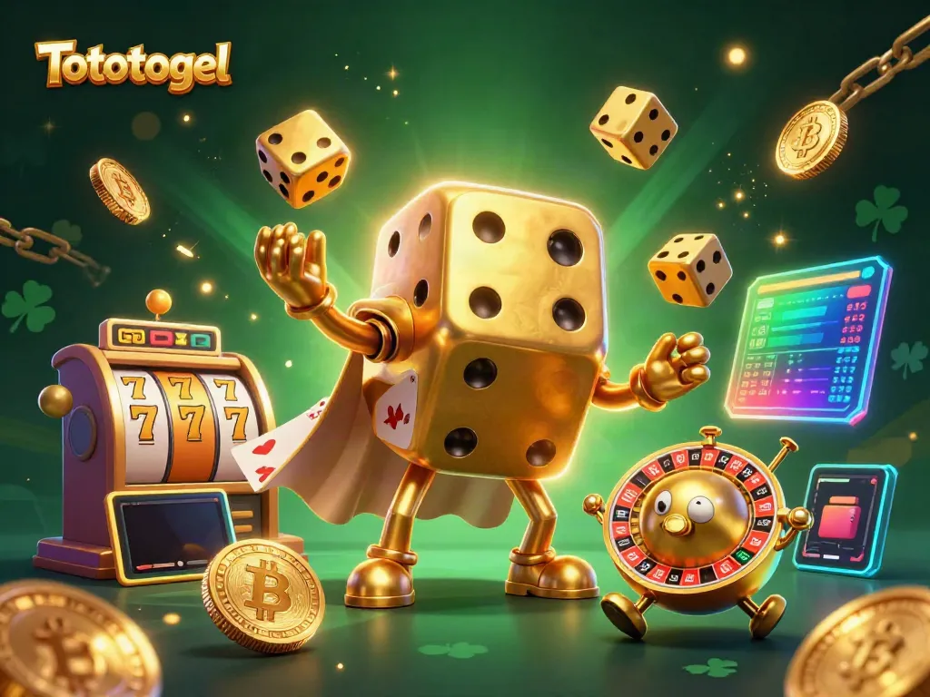 Permainan Tototogel yang menarik dengan karakter dadu emas dan elemen slot yang mengesankan.