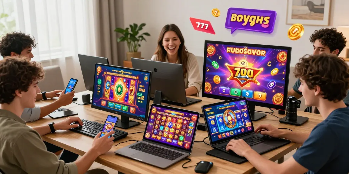 Players enjoying slot777 games on various devices in a cozy home setting