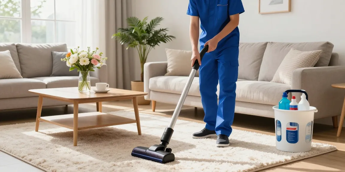 Professional cleaner from atscleaning.co.uk vacuuming a bright living room.