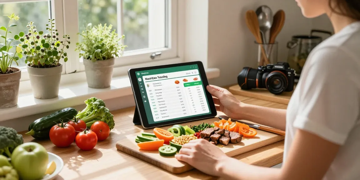 Individual preparing a meal with the best nutrition tracking app displayed on a tablet while using fresh ingredients in a bright kitchen.