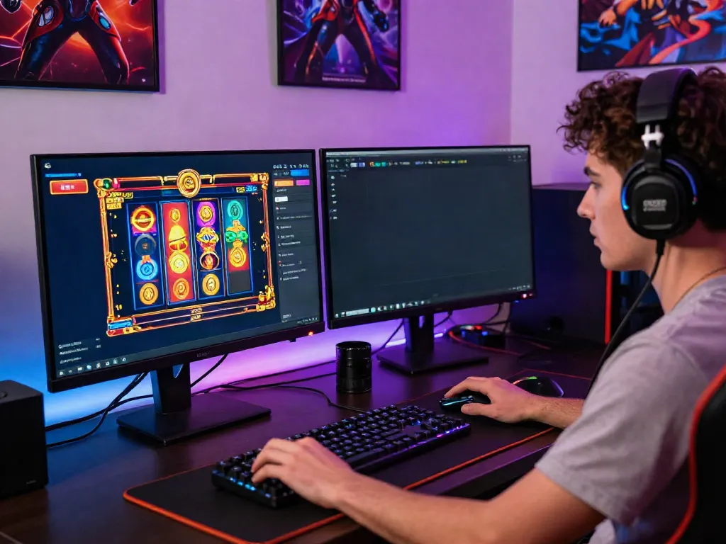 Engaged player enjoying slot88 gameplay on dual monitors with colorful game graphics in a vibrant gaming room.