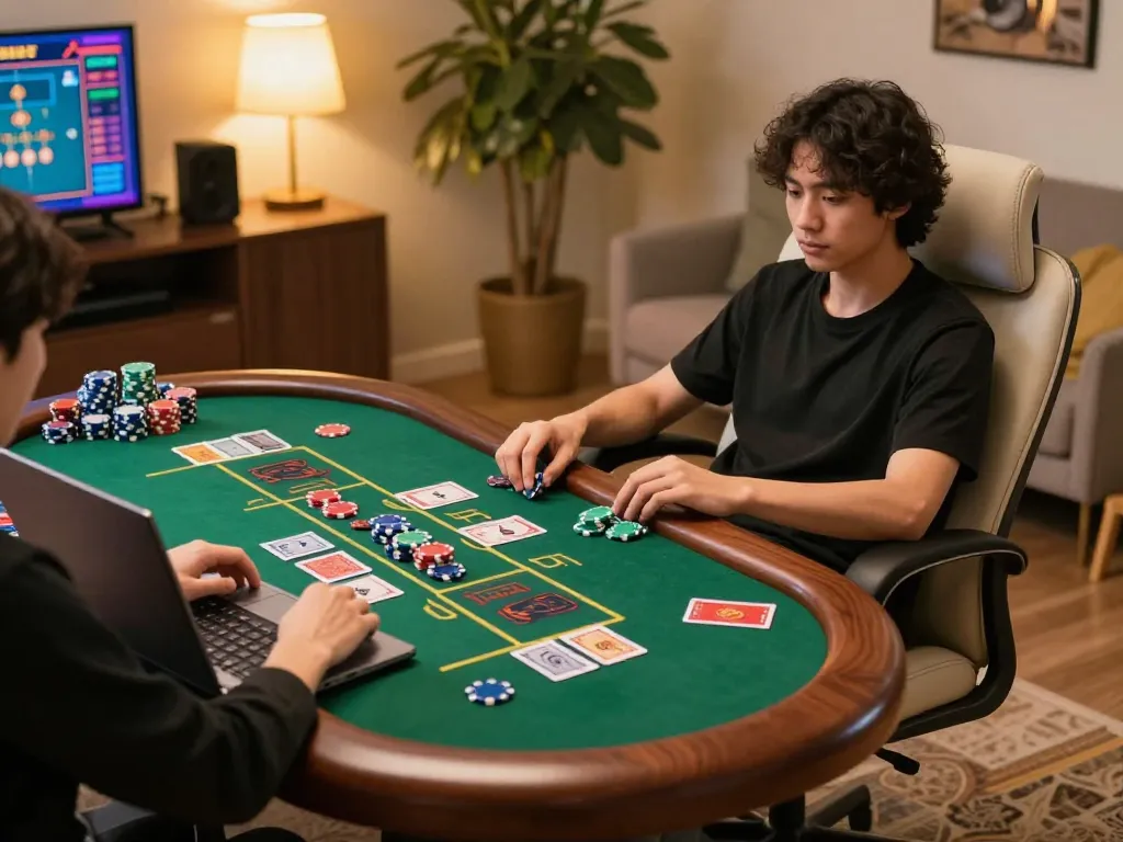 HB88 user engaged in online gaming with vibrant chips and cards in a cozy setting