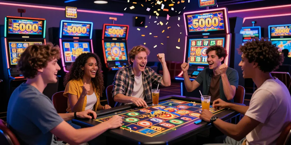 Exciting group of friends celebrating a slot deposit 5000 jackpot in a vibrant gaming room
