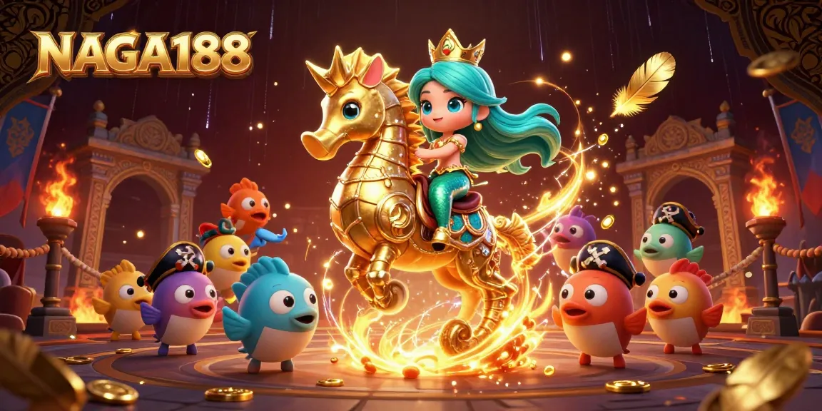 NAGA188 menyajikan ilustrasi kasino 3D yang menakjubkan dengan putri duyung dan kuda laut berarmor.