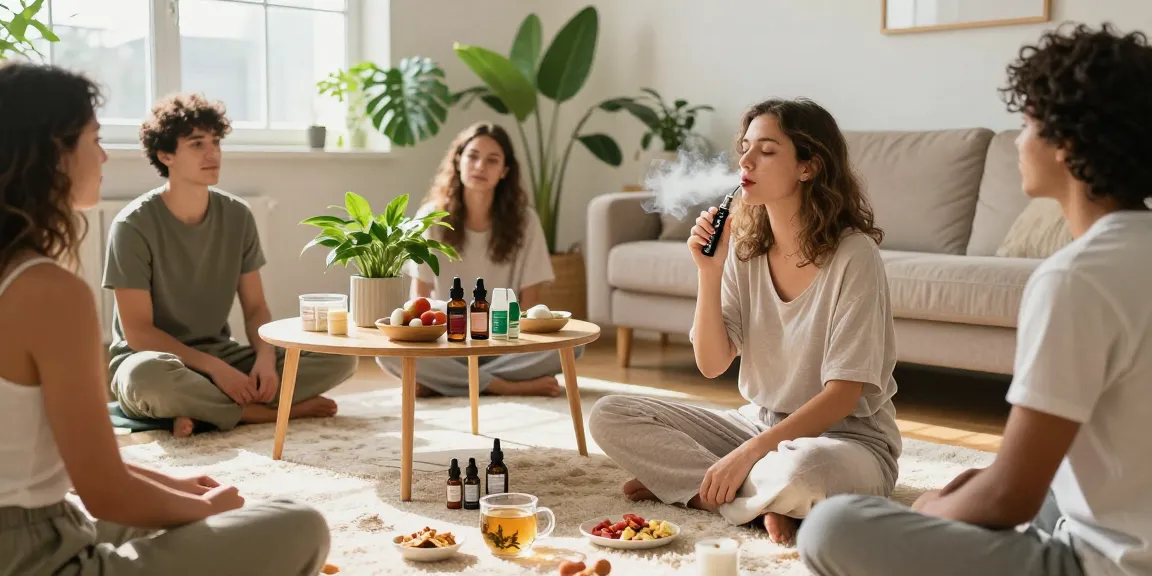 Discover the pure THC vape pen disposable in a community wellness setting, showcasing organic CBD products and a vibrant lifestyle atmosphere.