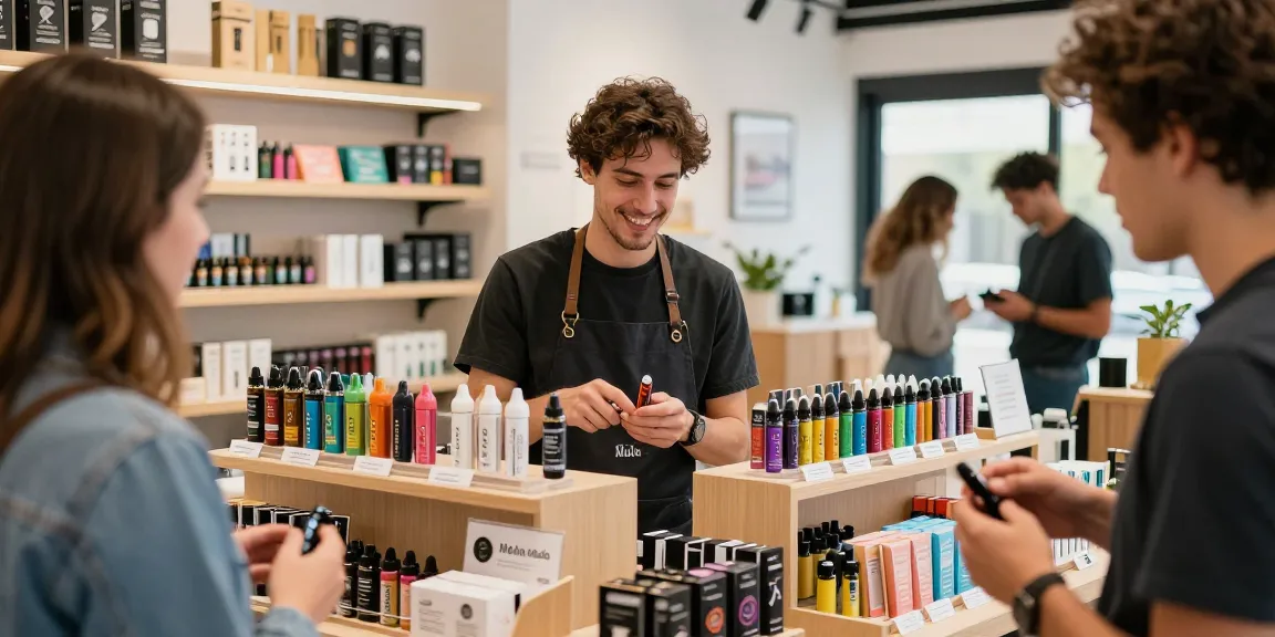 Customer selecting Muha Meds products in a modern vape shop