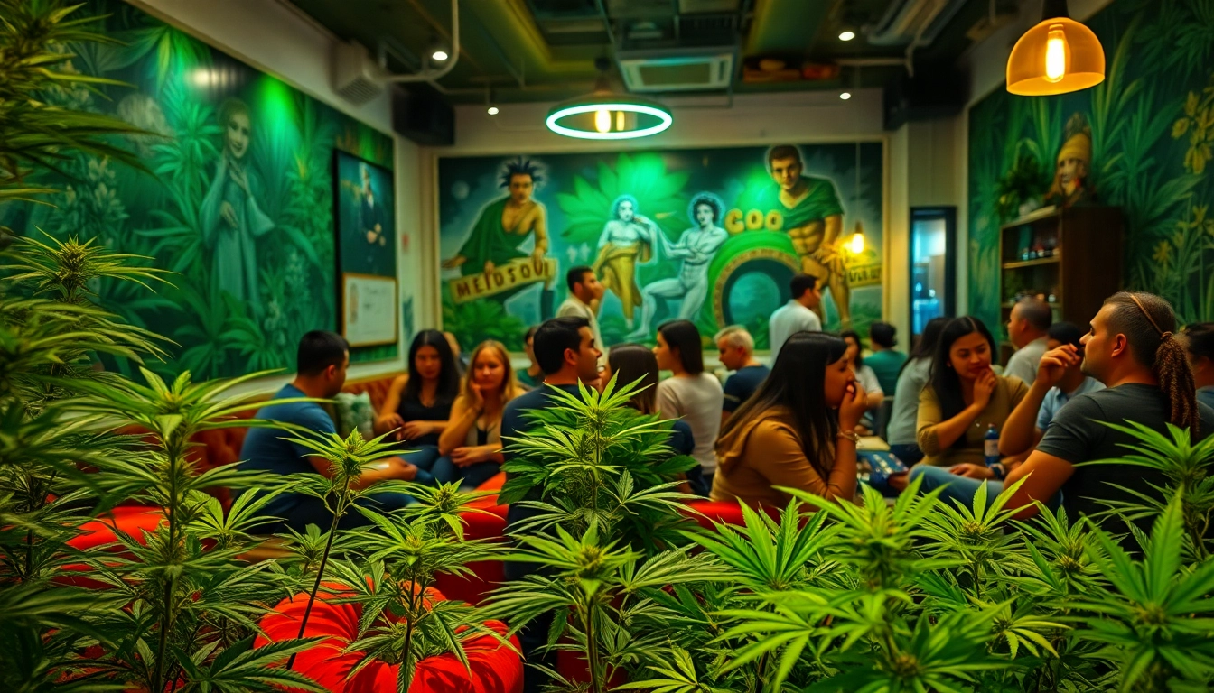 Visitors enjoying their time in a cannabis club Madrid, relaxing in a modern lounge atmosphere.