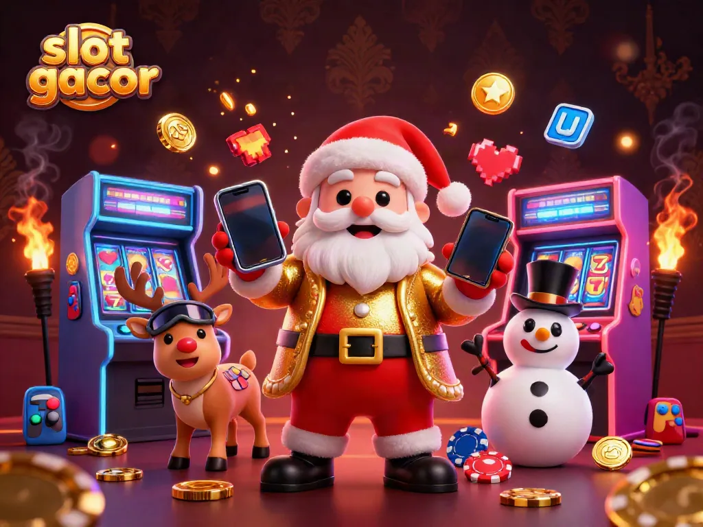 Santa Claus dan teman-teman merayakan slot gacor dalam suasana ceria kasino.