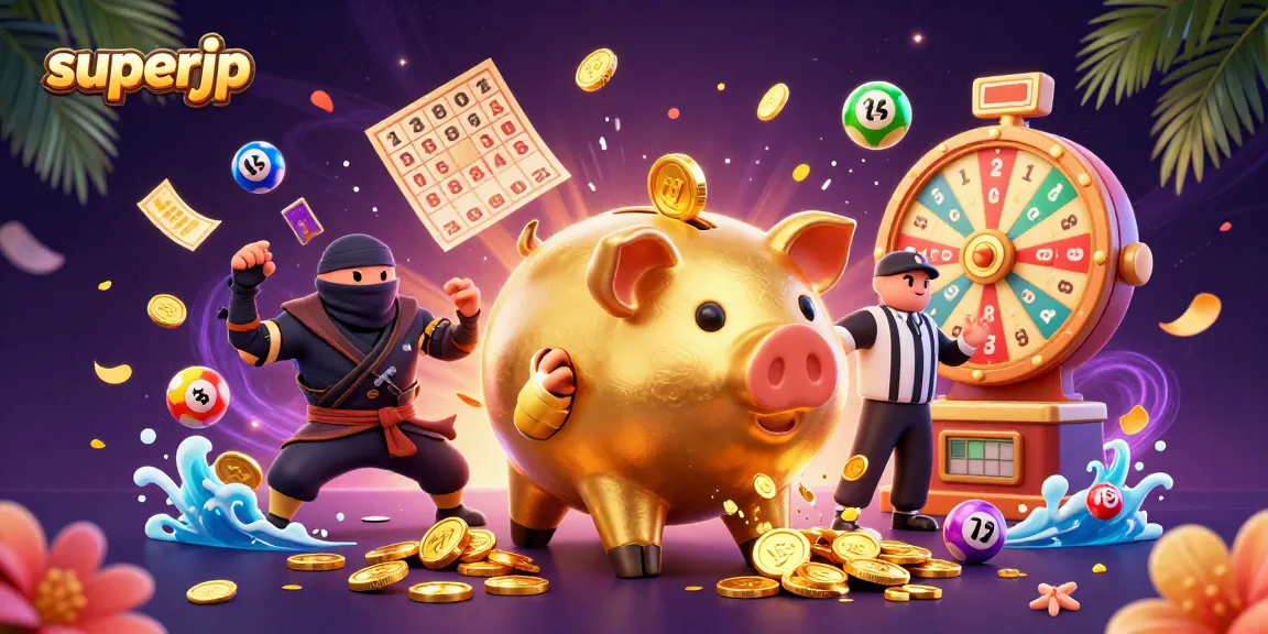 Engage with superjp, as a golden sumo piggy bank performs epic jackpots surrounded by colorful lottery elements.