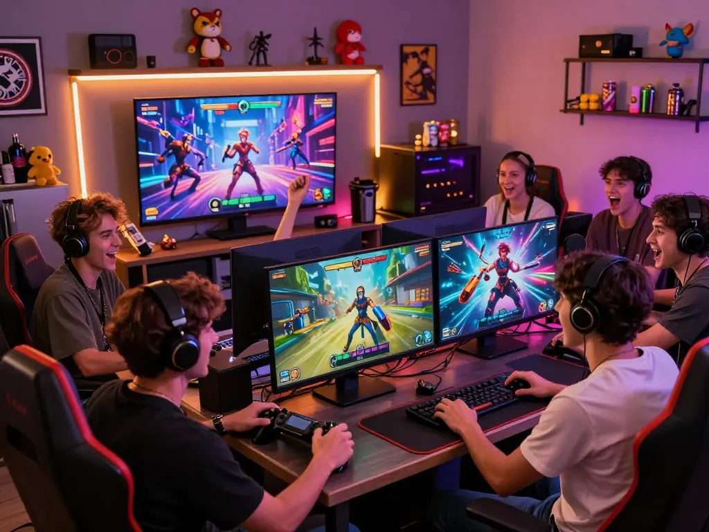 Engaged friends enjoying online sex games in a vibrant gaming setup filled with interactive elements.