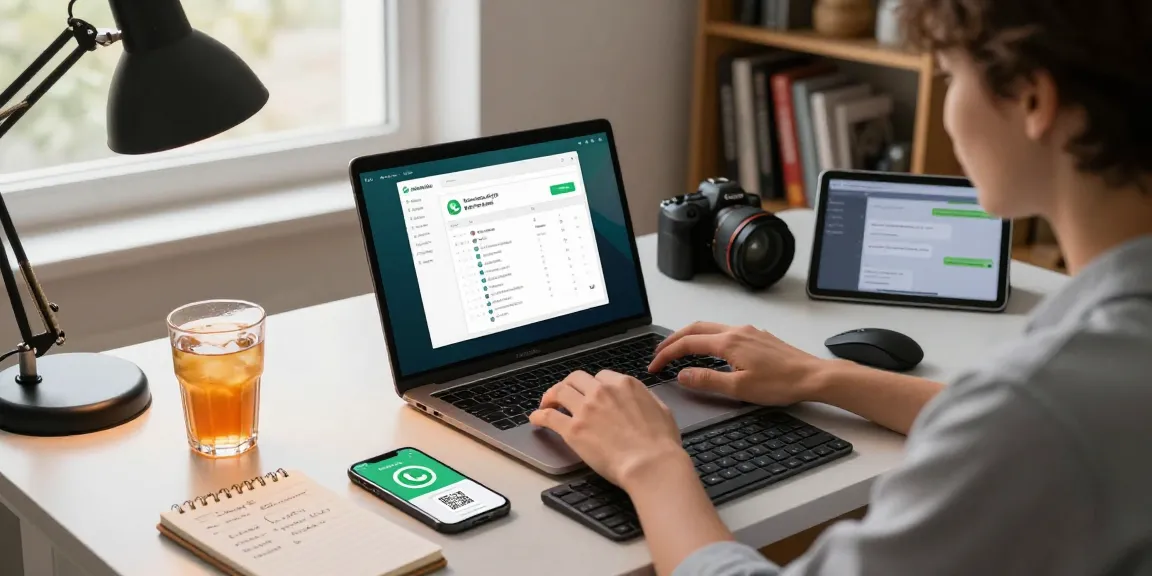 Using WhatsApp電腦版 in a modern home office with laptop, smartphone, and cozy lighting