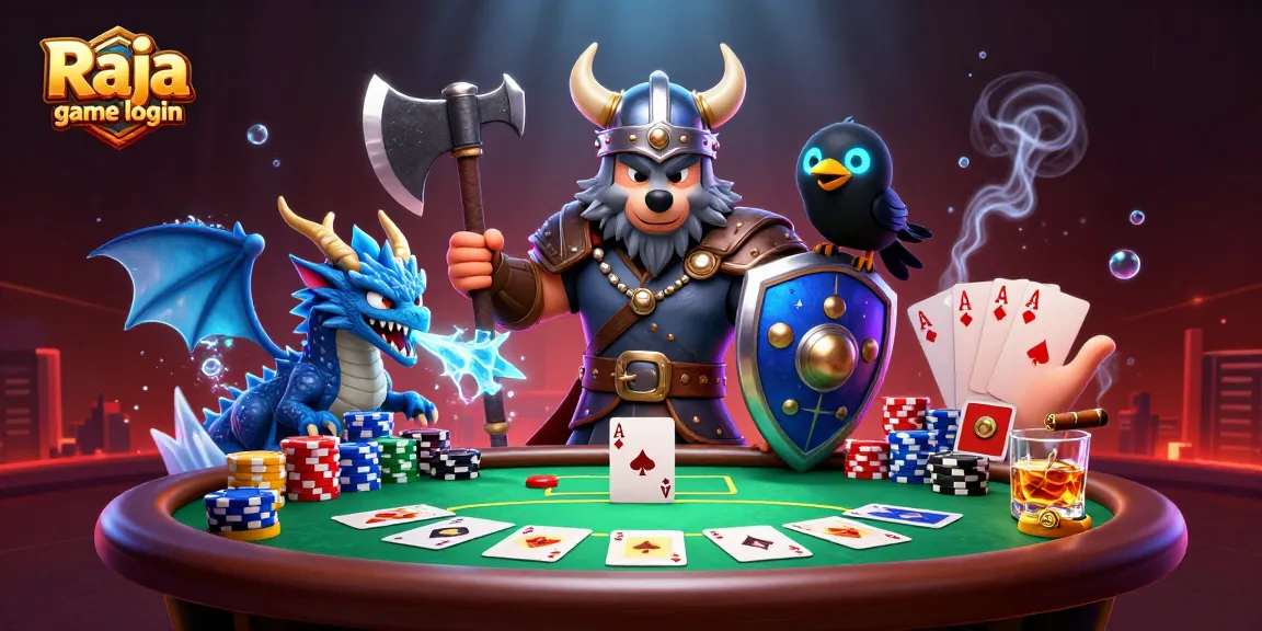 Experience Raja game login with a heroic Viking wolf, fierce dragon, and vibrant poker elements.