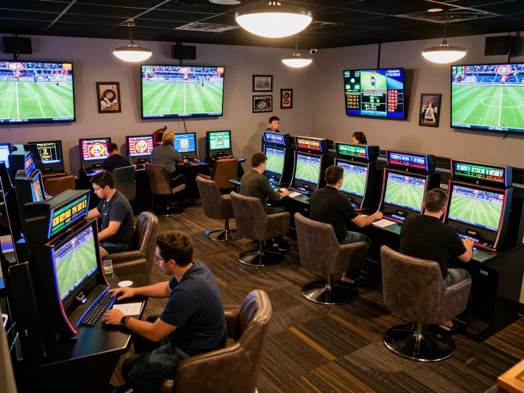 Engaged bettors analyzing keo nha cai at a lively sports betting lounge with live odds displayed