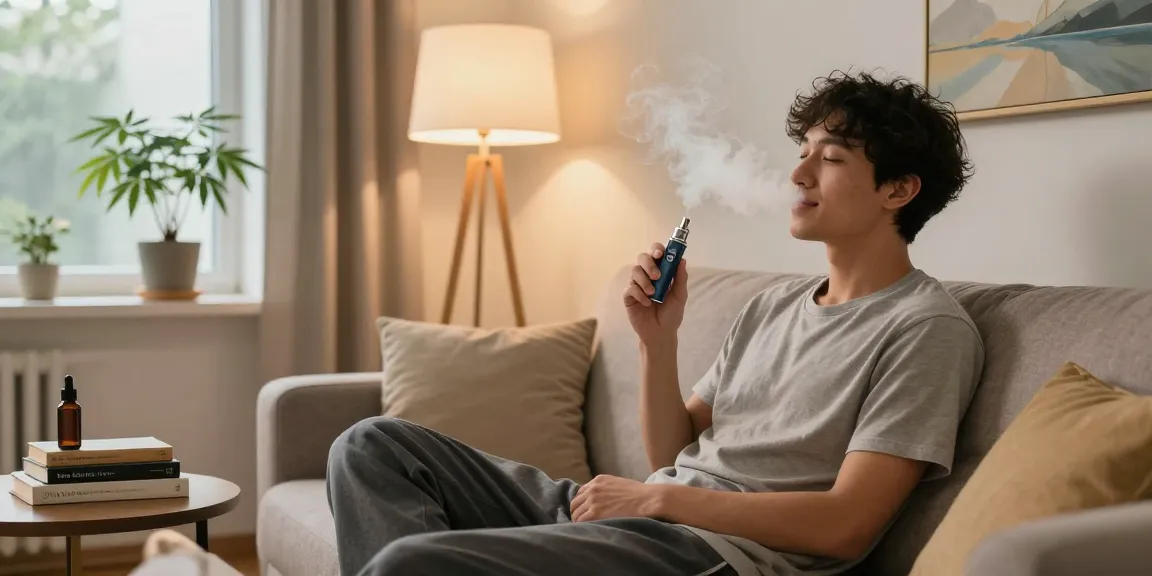 Pure thc vape pen disposable used in a cozy wellness moment with natural hemp elements and CBD products.