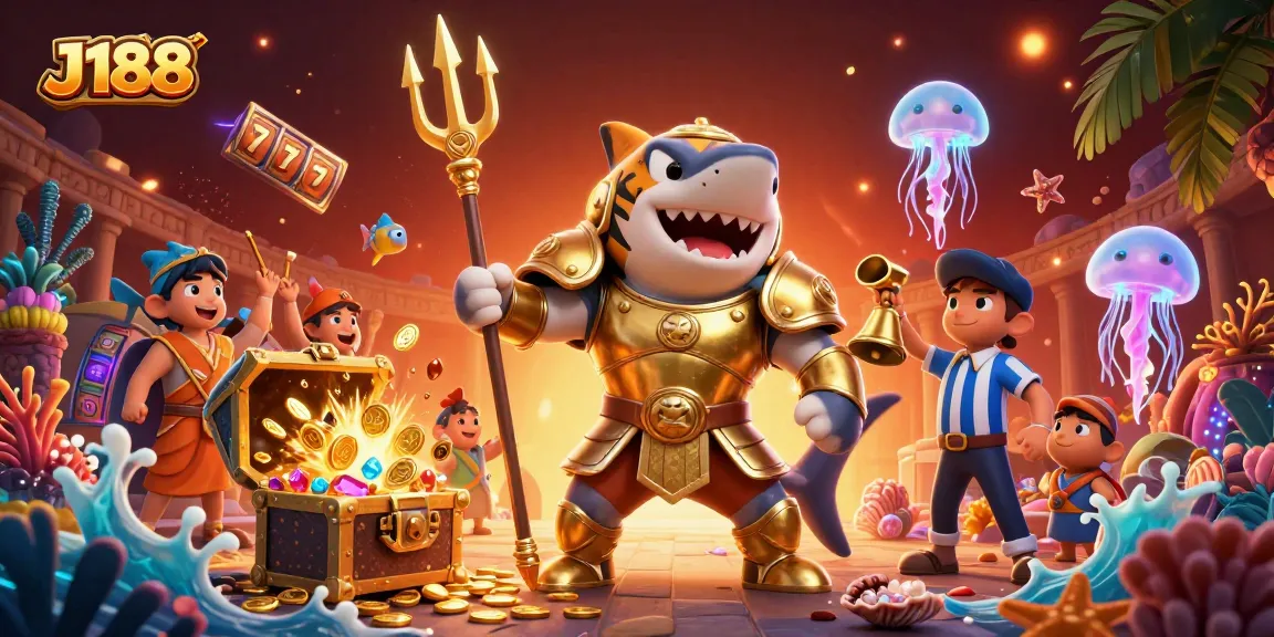 Engage in thrilling gambling adventures with J188 featuring a vibrant underwater scene with a golden shark warrior.