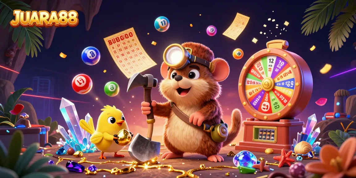 JUARA88 treasure hunting for lottery riches in an ultra-detailed 3D scene filled with vibrant game elements