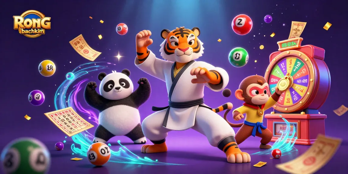 Engage with the Rong bachkim lottery scene featuring a kung fu tiger, panda, and monkey with dynamic game elements.