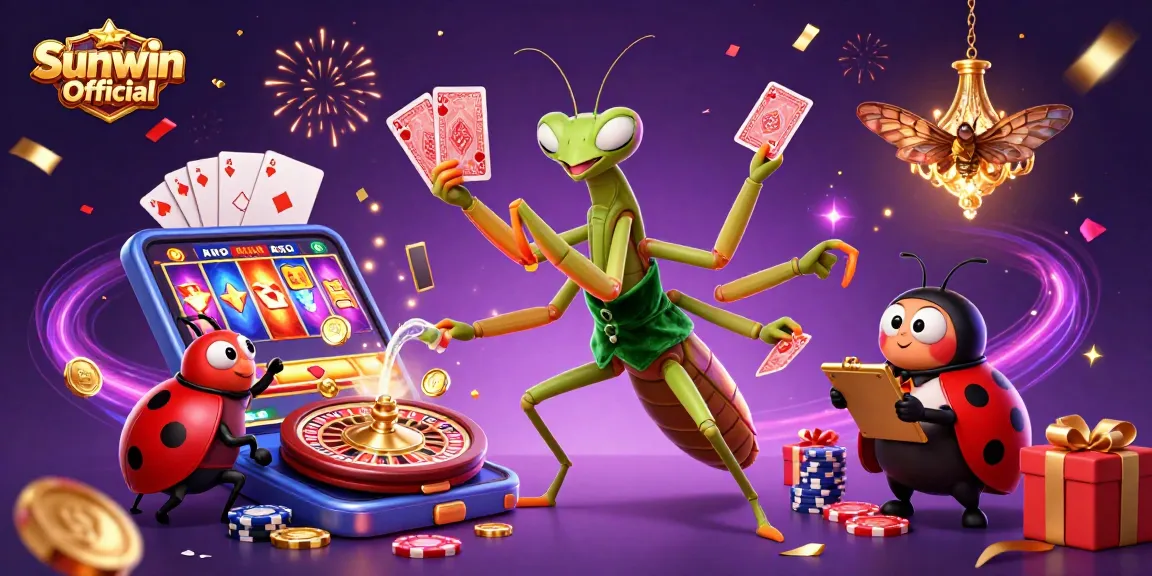 Engage with Sunwin Official at a vibrant casino scene where a giant praying mantis deals cards and pours champagne.