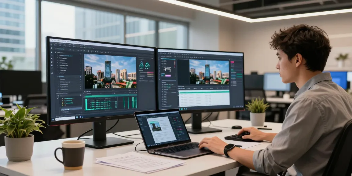 AI image checker in action: Data analyst assesses authenticity of images in a tech workspace.