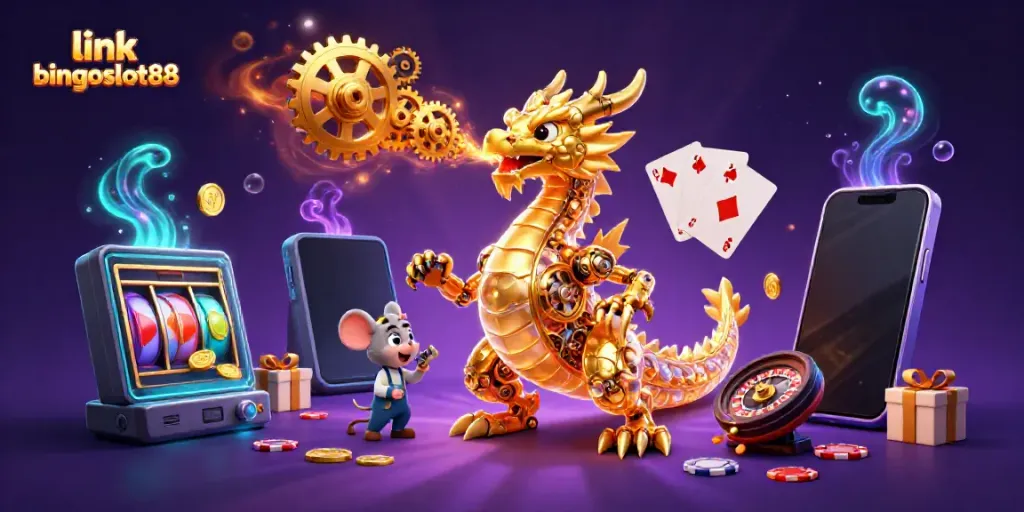 Gambarkan link bingoslot88 dalam ilustrasi kasino dengan naga emas dan elemen permainan slot.