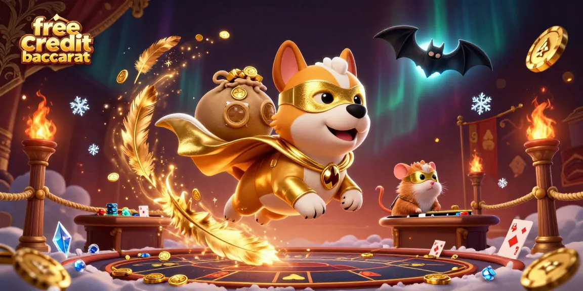 Engage in free credit baccarat with a superhero dog soaring and a hamster sidekick, capturing the thrill of winning.