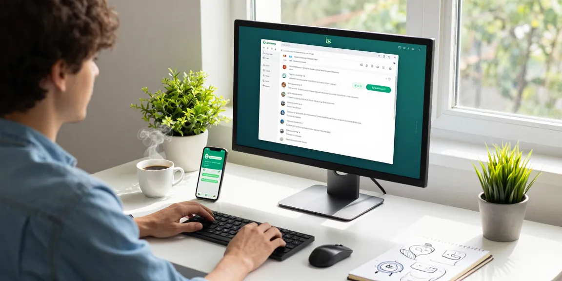 User interacting with WhatsApp電腦版 on a sleek desktop setup in a bright home office.