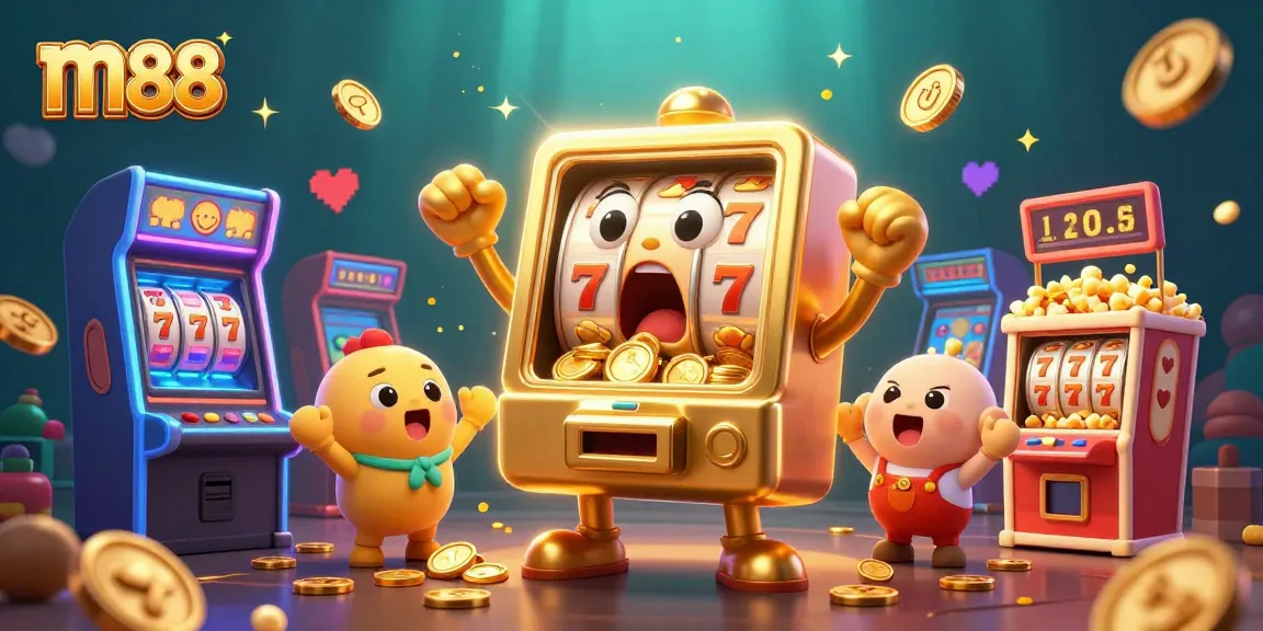 Cheerful scene of m88's golden slot machine hitting a jackpot, surrounded by cheering mini machines and gaming elements.