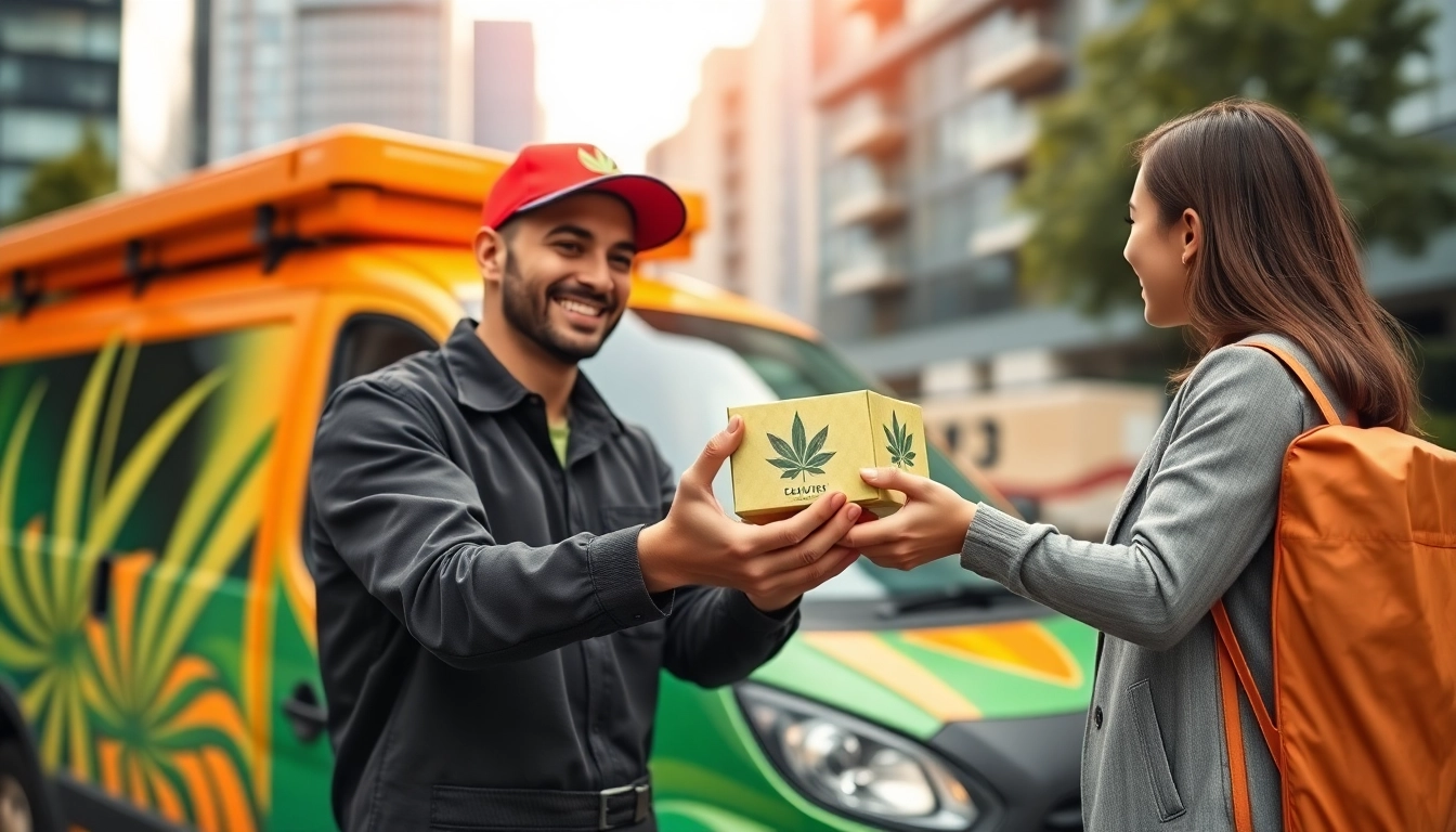 Buy weed delivered with a smiling courier presenting cannabis products to a satisfied customer.