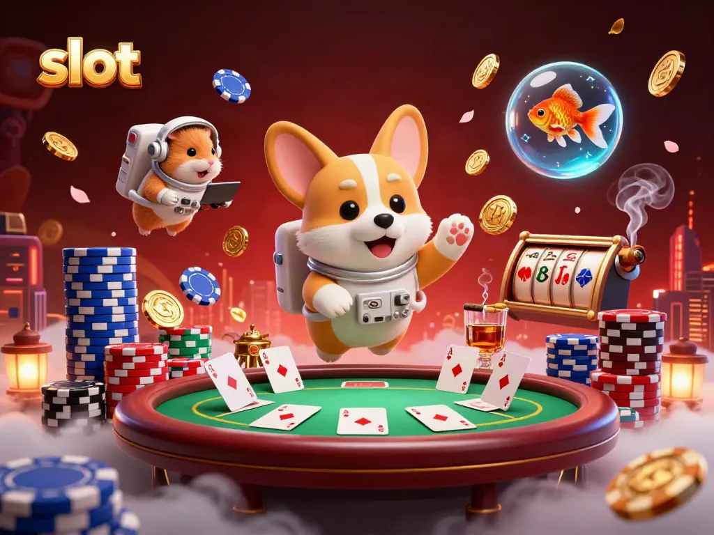 Watch a floating corgi amid casino excitement, featuring slot reels and poker chips.