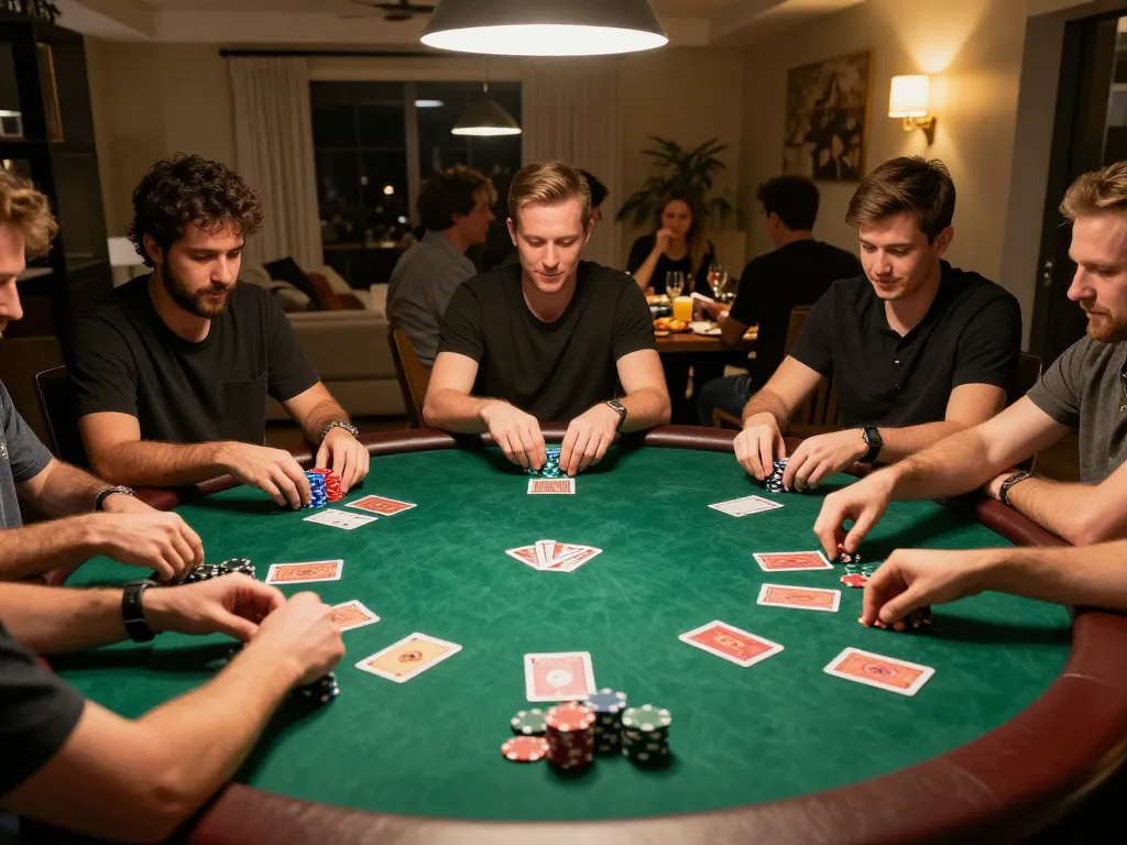 Players engaging in a high-stakes poker game at home showcasing strategic betting with 789 bet as the focus.