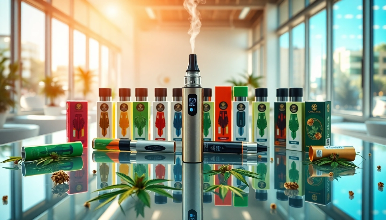 Showcase the Cannabis Vape pen along with colorful extract cartridges in an appealing setting.