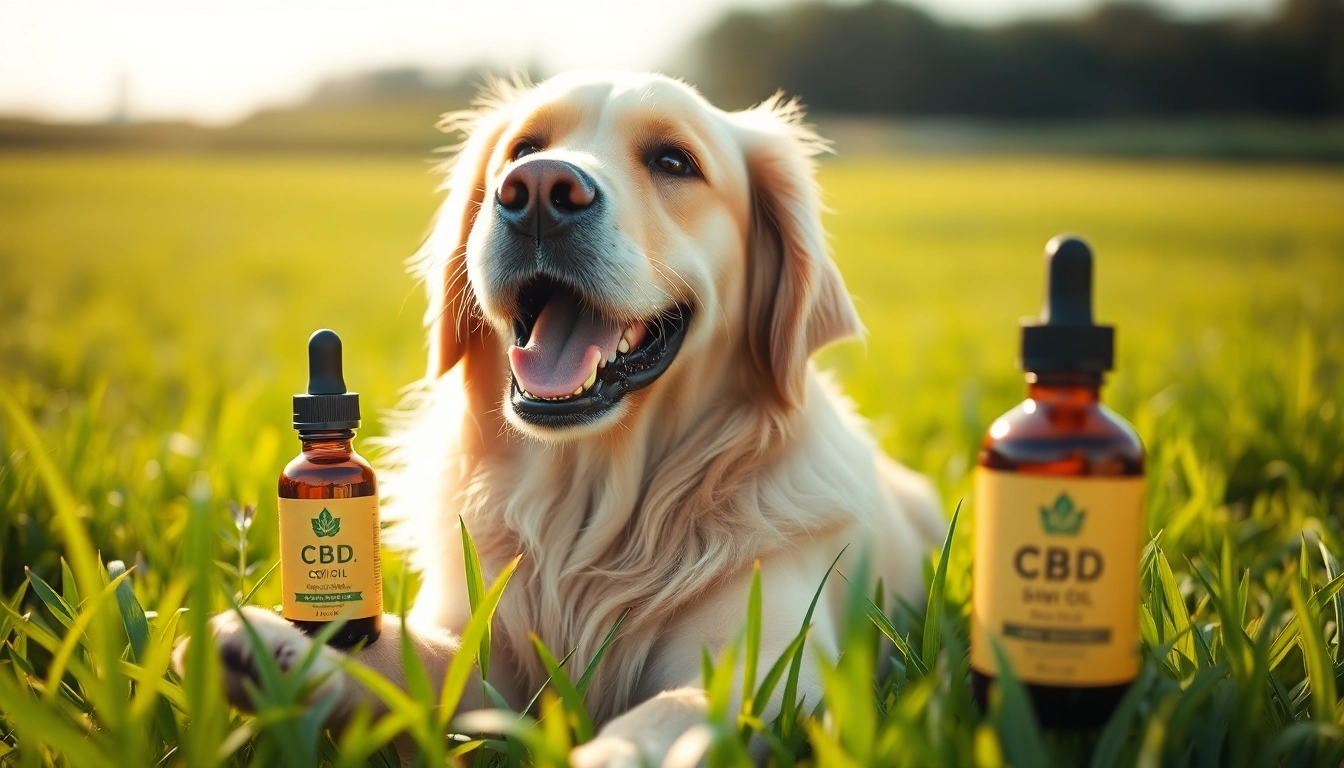 Highlighting the benefits of using CBD For Pet, a joyful retriever with CBD oil in a vibrant green field.