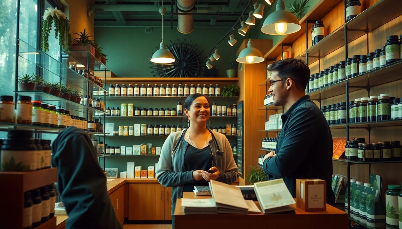 Welcoming Weed Store scene with a friendly staff member assisting a customer.