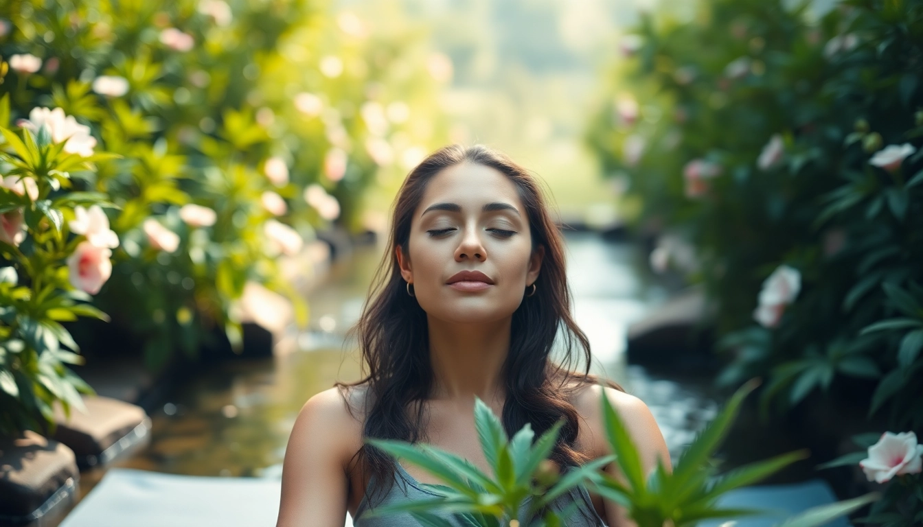 Meditating individual in a garden promoting Mental Wellness CBD buds for relaxation and tranquility.