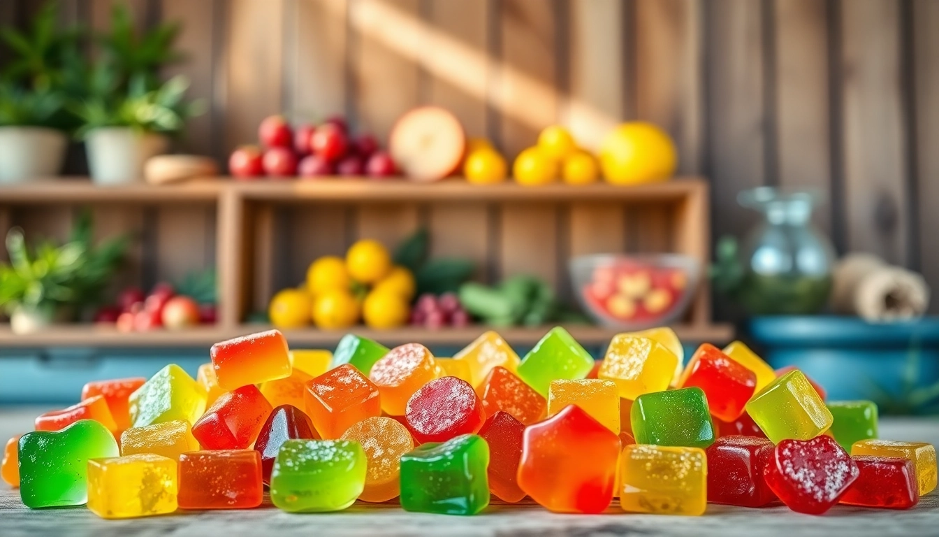 Vibrant Weed Gummies displayed with colorful textures and inviting natural ingredients.