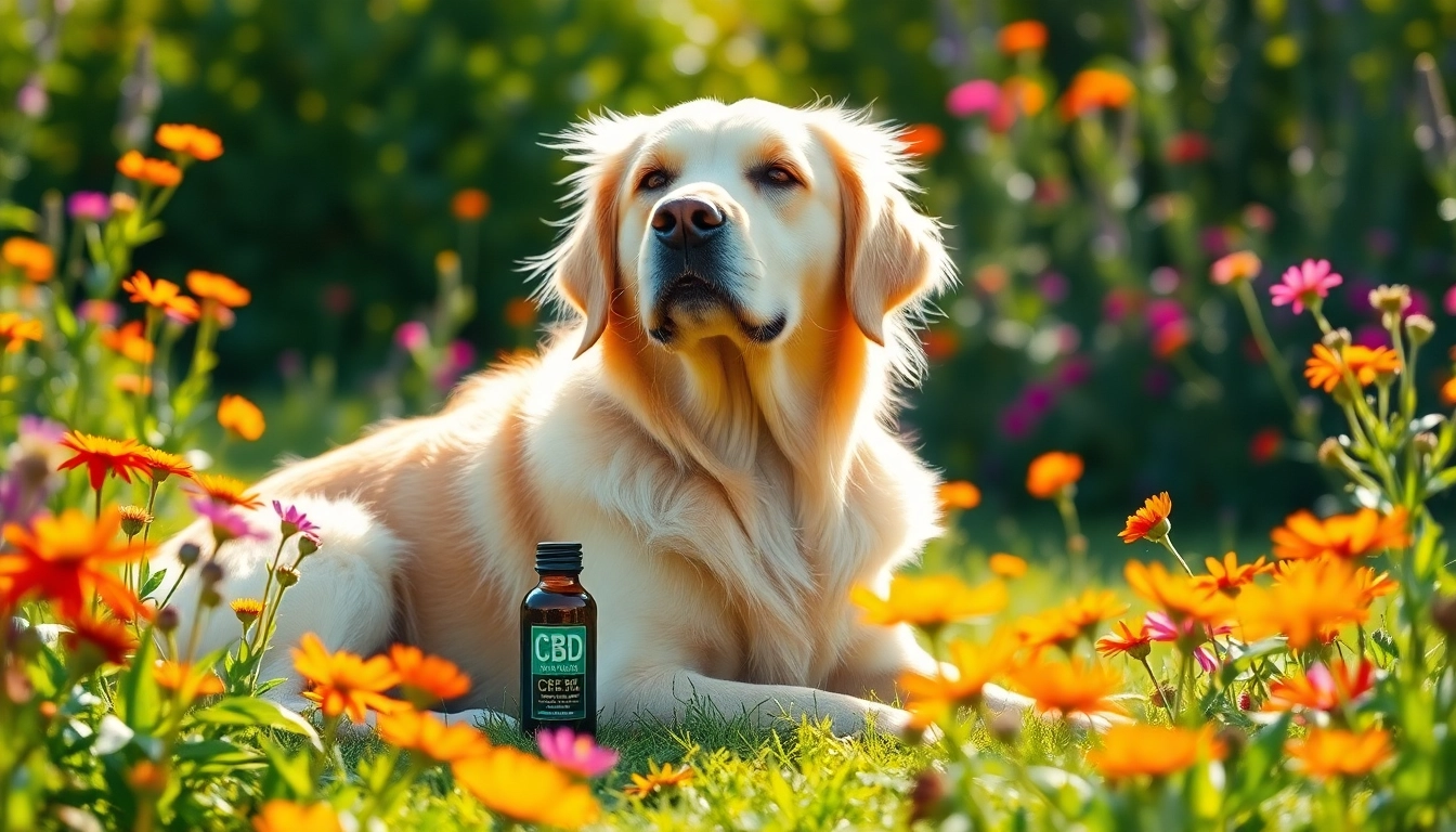 Golden retriever relaxing with CBD Oil For Dog in a sunny garden setting.