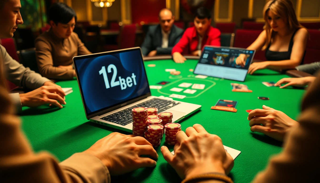 Engaging gamblers at link 12bet, showcasing poker excitement with chips and cards.