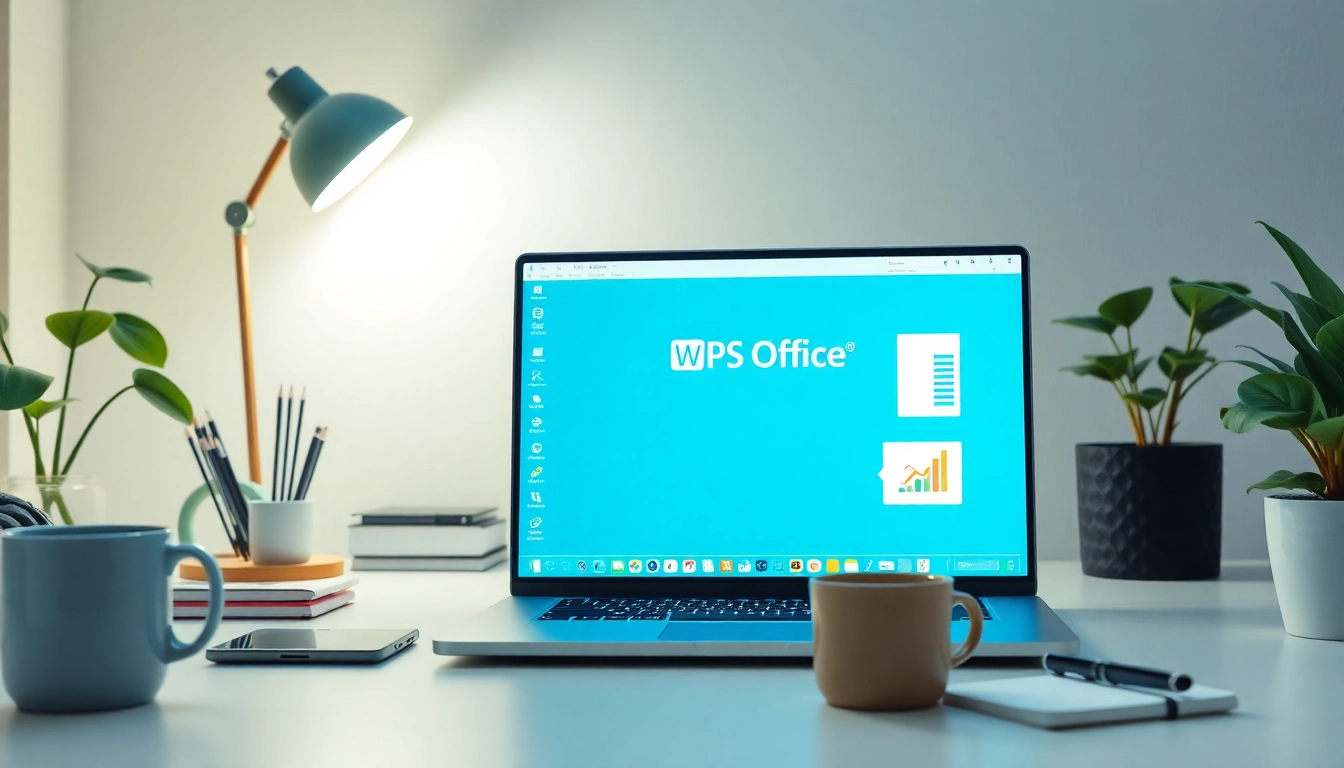 现代办公环境，笔记本上显示 WPS Office，营造宁静氛围。