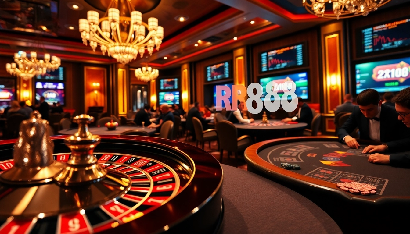 Experience the thrill of RR88 with vibrant casino gaming elements, showcasing poker chips and roulette.