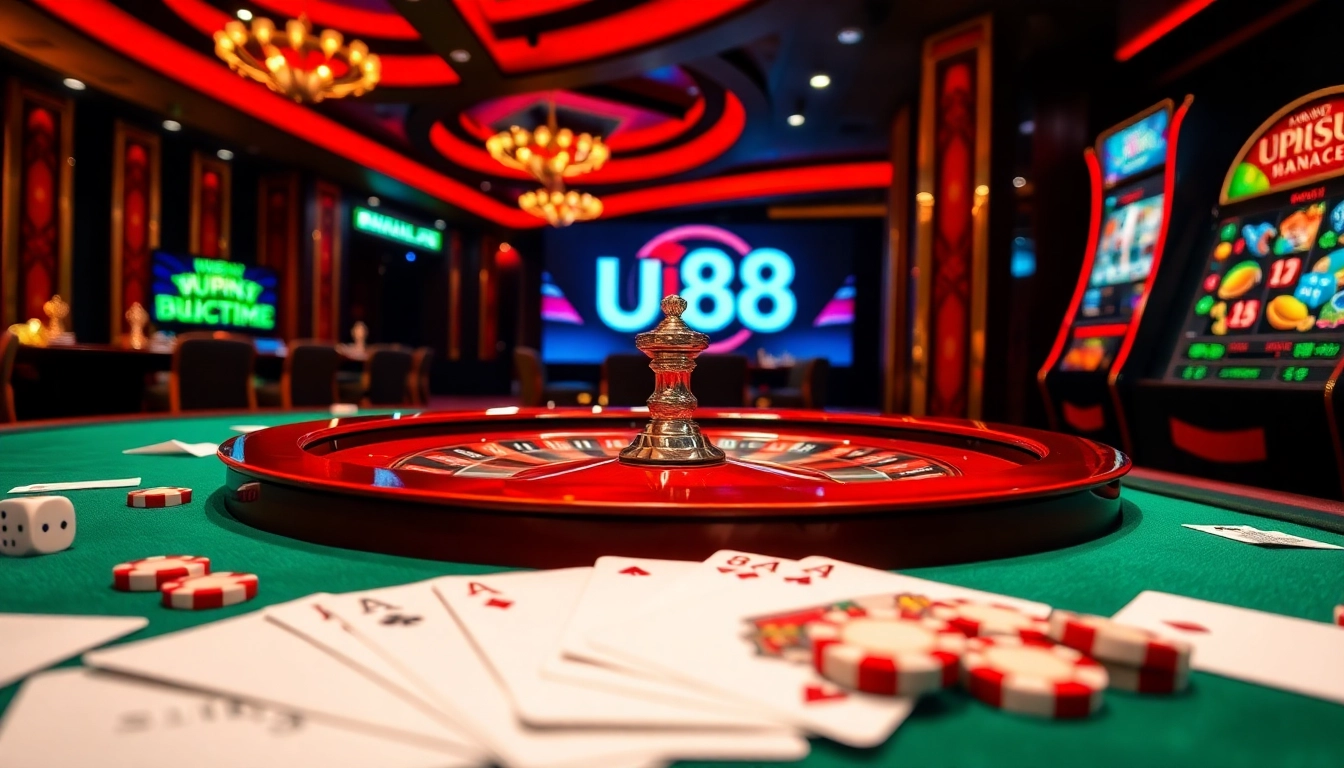 Engaging casino scene representing Nhà Cái UU88, featuring vibrant roulette and slot machines.