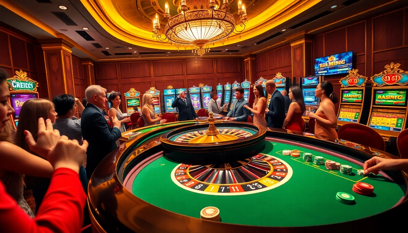 Engaging players at https://rr88co.net/ with a vibrant casino scene showcasing roulette and slot machines.
