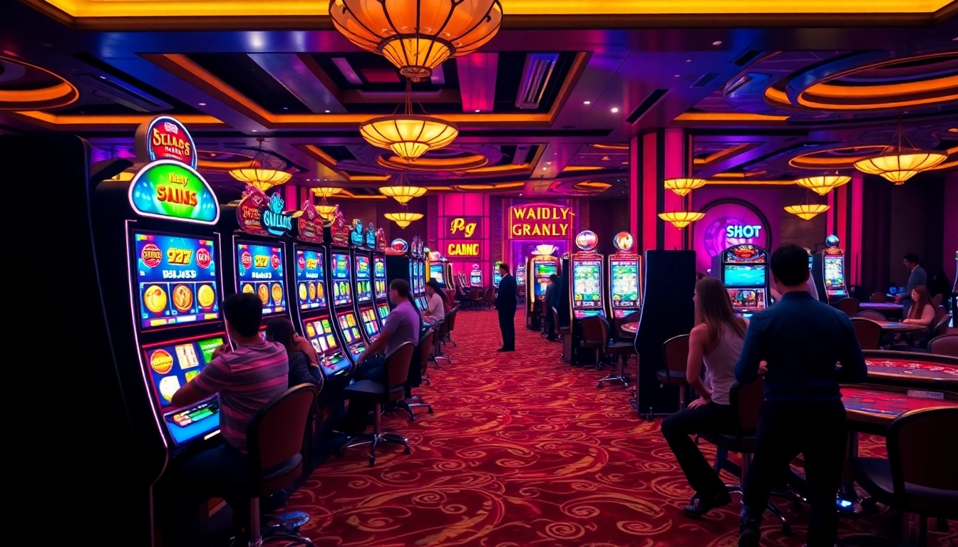 Engaging scene of players enjoying pg slot demo at vibrant slot machines in a luxurious casino atmosphere.